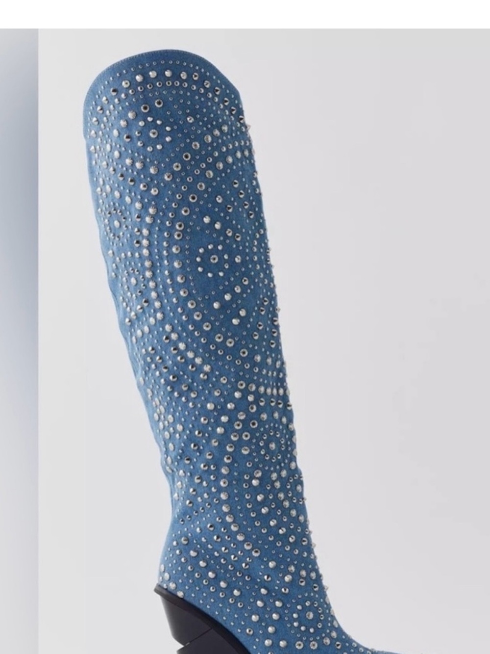 Azalea Wang Studded Demin Knee-High Heeled Boot - Denim Blue 8.5